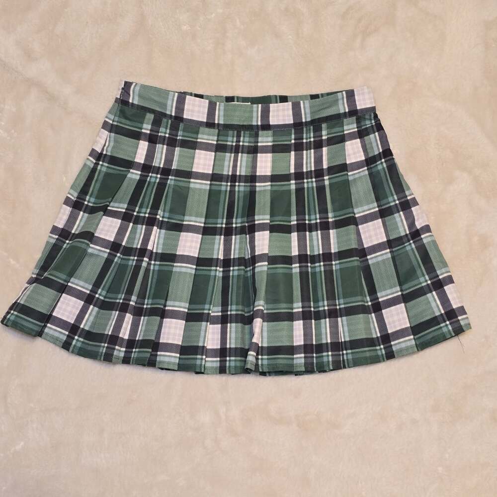 Y2K Love, Fire Green Plaid Pleated Mini Skirt Size M Medium Schoolgirl Preppy